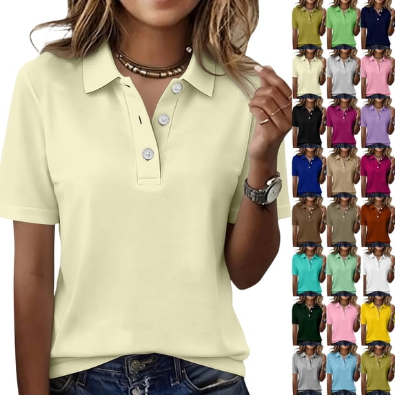 Polo Shirts for Women Golf Button Collared Summer Short Sleeve Tops Lightweight Work Blouses 2026 Beige S