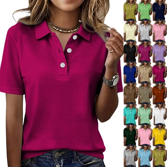 Polo Shirts for Women Golf Button Collared Summer Short Sleeve Tops Lightweight Work Blouses Cotton Hot Pink XXL