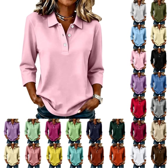 Women's 3/4 Length Sleeve Polo Shirts Golf Button Collared Summer Short Sleeve Tops Lightweight Work Polo Shirt Womens Blouses Pink 3XL