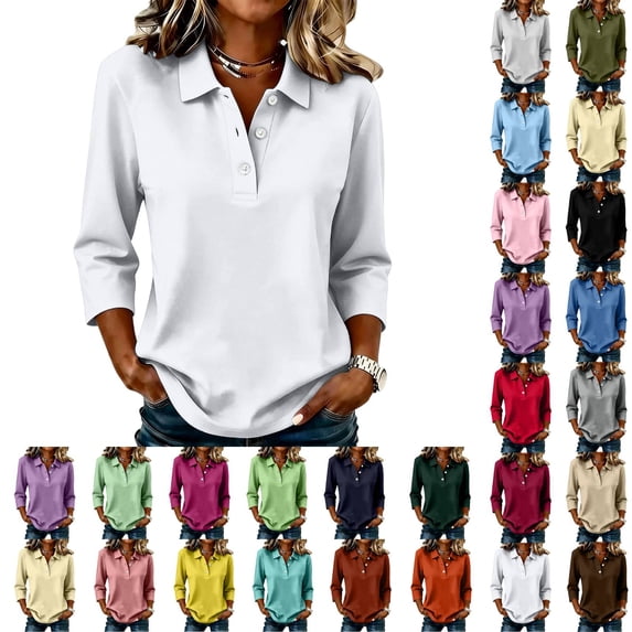 Women's 3/4 Length Sleeve Polo Shirts Golf Button Collared Summer Short Sleeve Tops Lightweight Work Polo Shirt Womens Blouses White XL