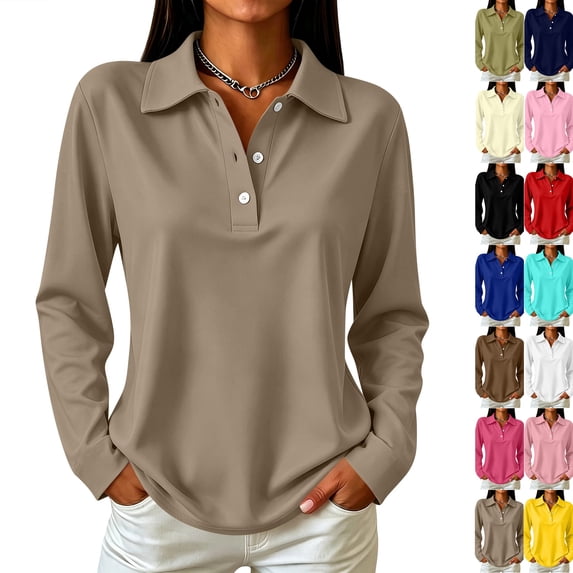 Polo Shirts for Women Long Sleeve Tops Golf Tees Business Casual Button Down Crewneck Workout Polo Shirt Khaki XXL