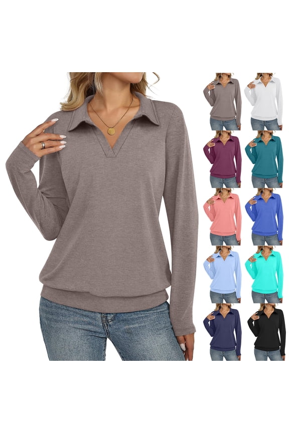 Polo Shirts for Women Long Sleeve V Neck Banded Bottom, Casual Collared Tops Golf Tunic Blouses Khaki L