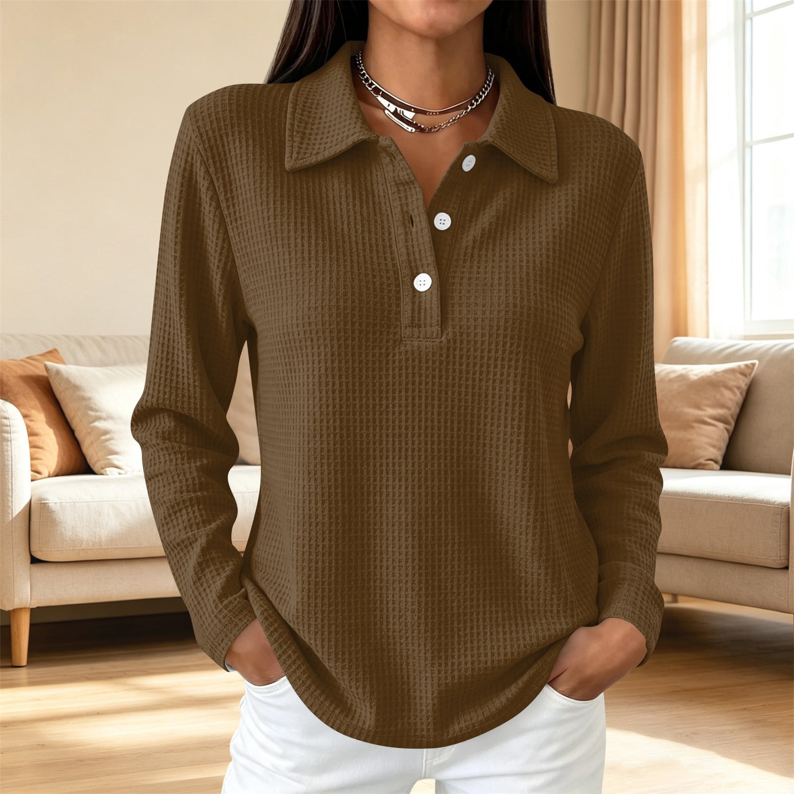 Polo Shirts for Women Long Sleeve Waffle Knit Solid Color Collared ...