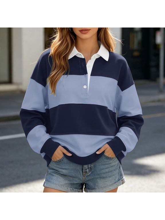 Polo Shirts for Women Oversized Striped Sweatshirt Color Block Lapel Collared Pullover Tops Button Down Long Sleeve Rugby Shirts