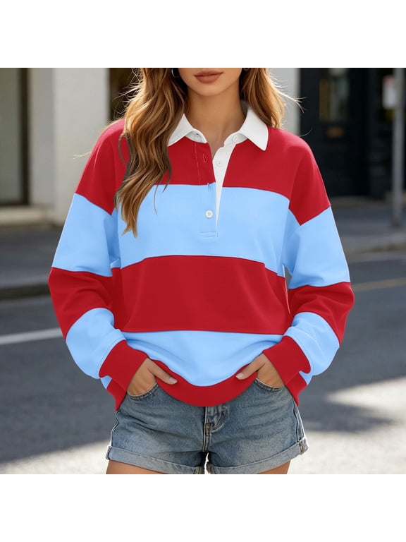 Polo Shirts for Women Oversized Striped Sweatshirt Color Block Lapel Collared Pullover Tops Striped Long Sleeve Rugby Shirts