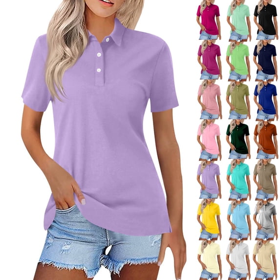 Polo Shirts for Women Short Sleeve Golf Shirts 4-Button Quick Dry Workout Tops Collared for Work Running Tennis Light Purple 2XL