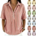 thumbnail image 1 of Polo Shirts for Women Short Sleeve Tops Striped Lapel Button Neck Shirt Causal Trip Work Going Out Summer ,L,#02 Red, 1 of 9
