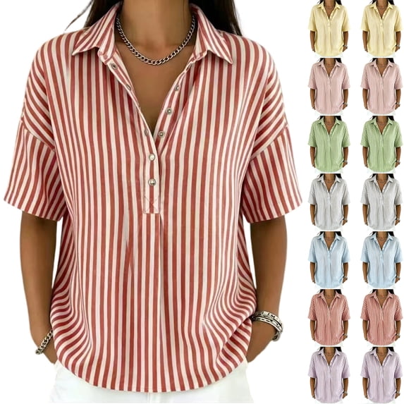 Polo Shirts for Women Short Sleeve Tops Striped Lapel Button Neck Shirt Causal Trip Work Going Out Summer ,L,#02 Red