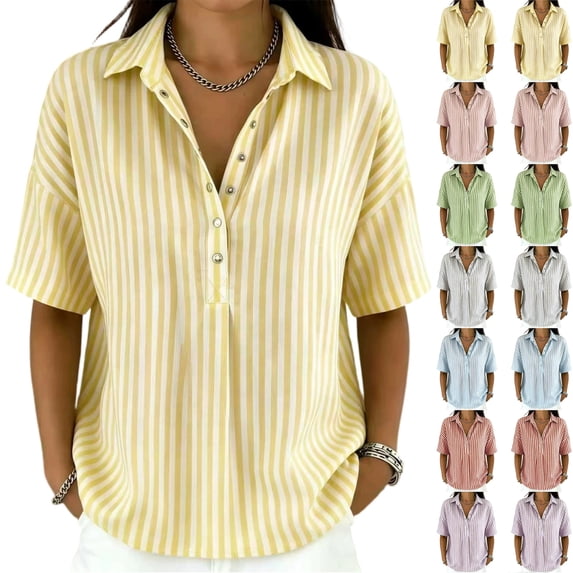 Polo Shirts for Women Short Sleeve Tops Striped Lapel Button Neck Shirt Causal Trip Work Going Out Summer ,S,#02 Yellow