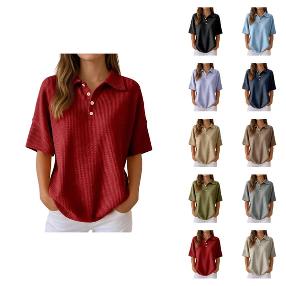 Polo Shirts for Women Summer Solid Waffle Drop Shoulder Short Sleeve Collared Shirt Casual Tops