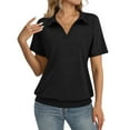 thumbnail image 1 of Polo Shirts for Women V Neck Collared Dressy Blouses Short Sleeve Banded Bottom Casual Tops Black L, 1 of 4