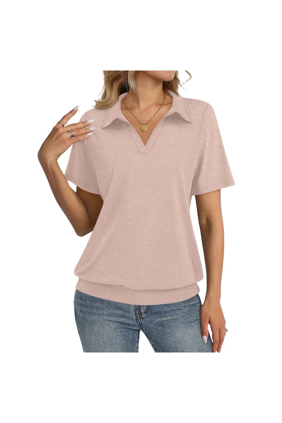 Polo Shirts for Women V Neck Collared Dressy Blouses Short Sleeve Banded Bottom Casual Tops Camel XL