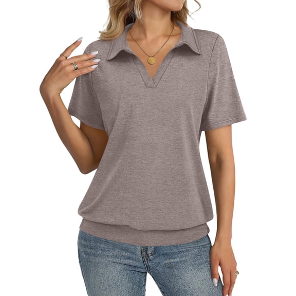 Polo Shirts for Women V Neck Collared Dressy Blouses Short Sleeve Banded Bottom Casual Tops Light Brown 2XL