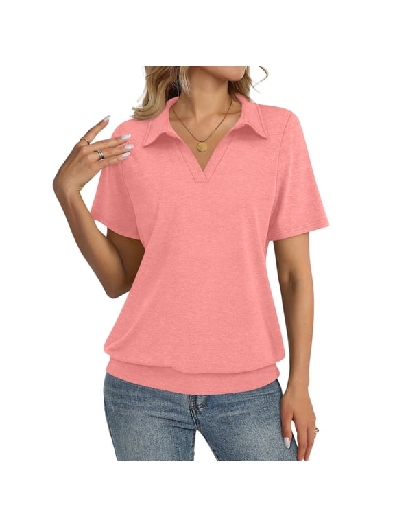 Polo Shirts for Women V Neck Collared Dressy Blouses Short Sleeve Banded Bottom Casual Tops Pink S