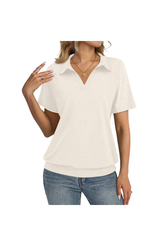 Polo Shirts for Women V Neck Short Sleeve Shirt Collared Tops Trendy Vacation Beach Casual Workout Tops for Women Beige L
