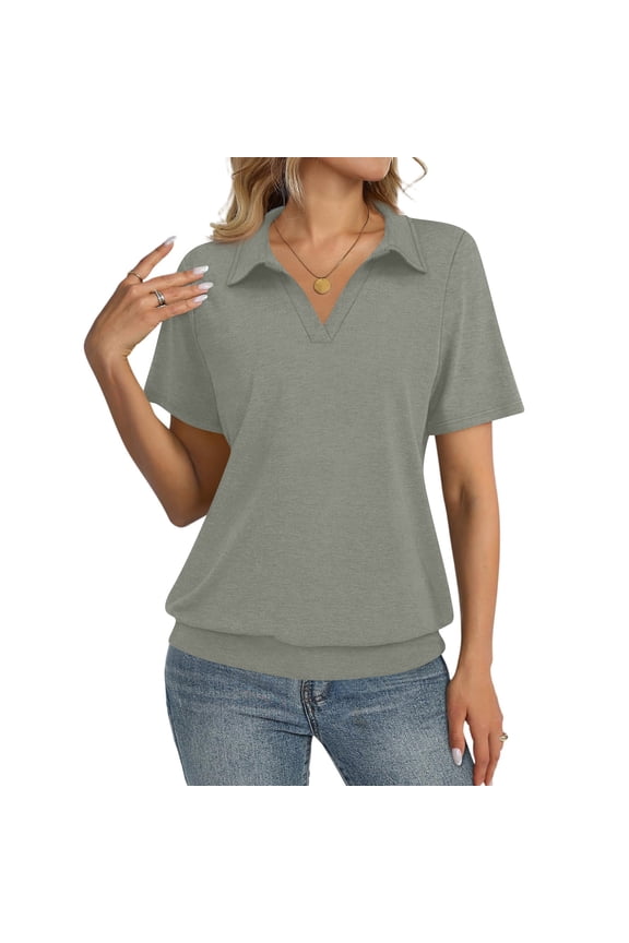Polo Shirts for Women V Neck Short Sleeve Shirt Collared Tops Trendy Vacation Beach Casual Workout Tops for Women Gray 2XL