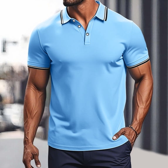 Polo Shorts for Men Short Sleeve Button Up Lightweight Summer Outfits Light Blue Men TShirts