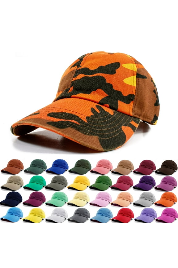 Polo Style Baseball Cap Ball Dad Hat Adjustable Plain Solid Washed Cotton Mens Womens Orange Camo