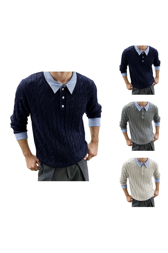 Polo Sweater Men Fall Winter Long Sleeve Loose Casual Lapel Collar Layered Look Cable Knit Pullover Sweaters