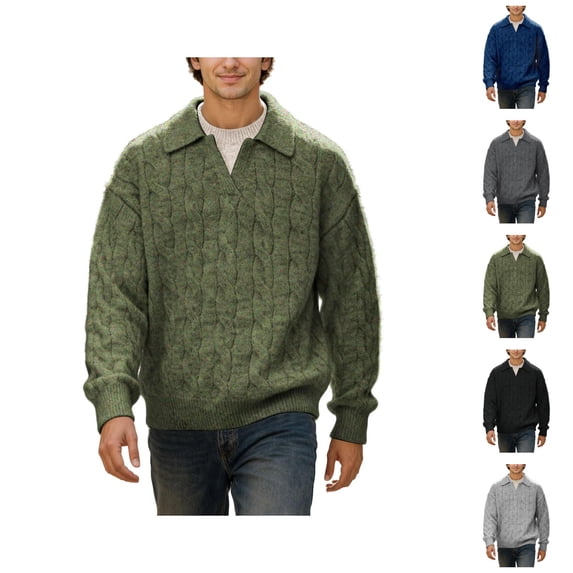 Polo Sweater Men Long Sleeve Vintage Casual V Neck Lapel Collar Cable Knit Pullover Sweaters Fall Winter Clothes