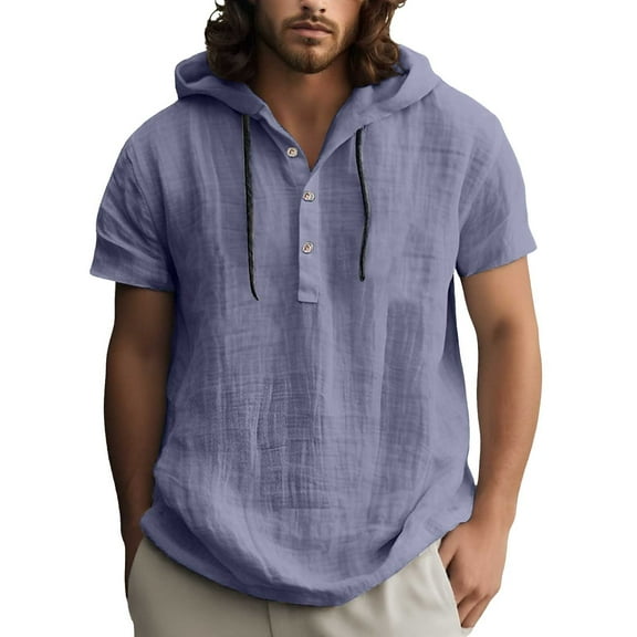 Polo T Shirts for Men Casual Short Sleeve Everyday Style Men's Spring And Summer Fashion Solid Color Linen Shirt Hooded Short Sleeve Casual Men's Beach T Shirt
