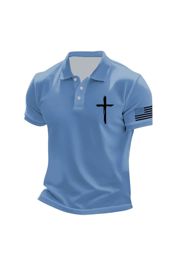 Polo T Shirts for Men Casual Crucifix Printed Short Sleeve Button Up Collared Tops Summer Sport Breathable T Shirts for Man Sky Blue L