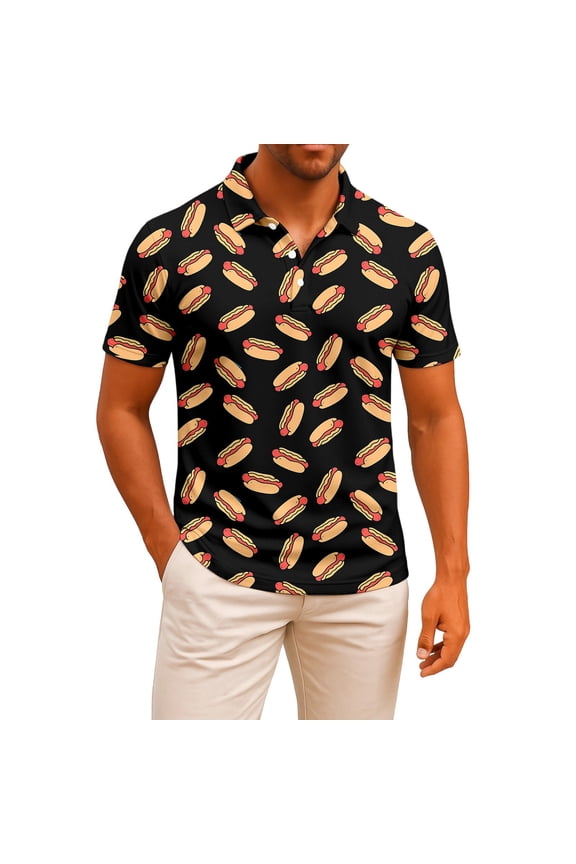 Polo T Shirts for Men Casual Short Sleeve Hot Dog Printed Button Down Collared Tops Comfortable Breathable Slim T Shirts for Man Black L