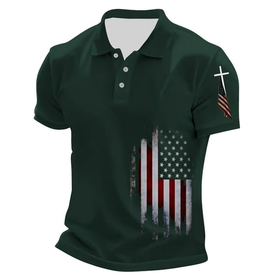 Polo T Shirts for Men Golf Flag Printed Short Sleeve Button Up Collared Tops Casual Breathable Workout Summer Sport Shirts for Men Dark Green XXXL