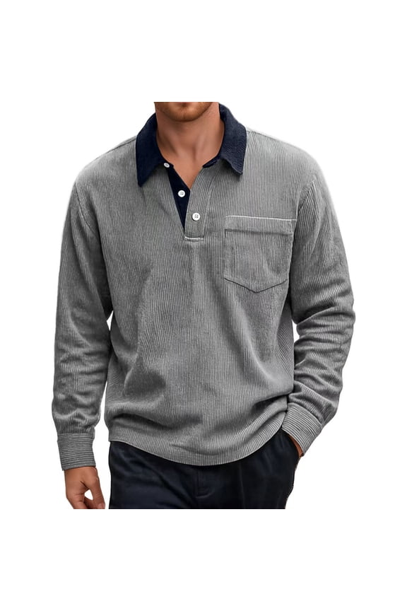 Polo T Shirts for Men Long Sleeve Button Down Tee Shirts Slim Fit Grey Shirt for Men