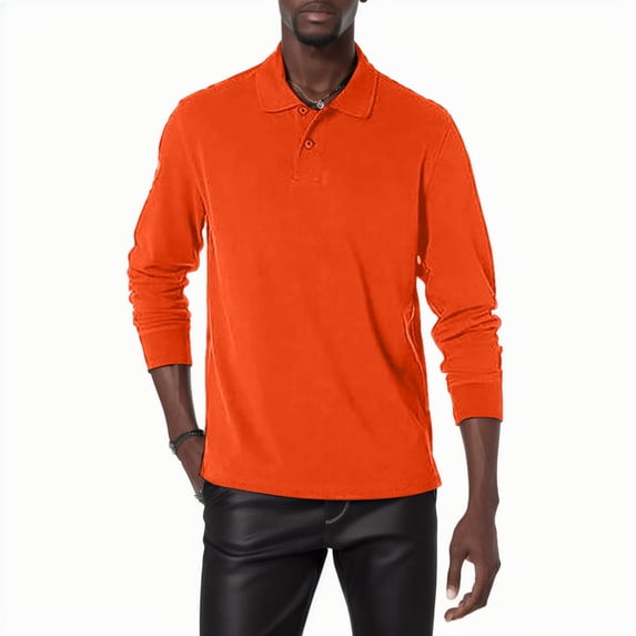 Polo T Shirts for Men Long Sleeve with Button Basic Summer Orange Men TShirts