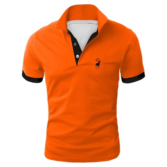 Polo T Shirts for Men Regular Golf Deer Printed Loose Business Tops Short Sleeved Button Up Collared Casual Mens Dress Shirts Orange L