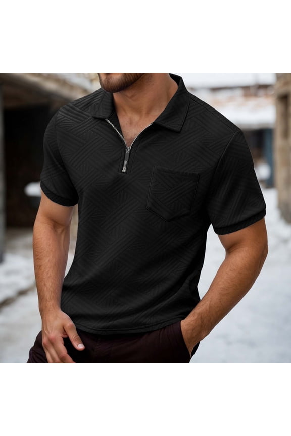Polo T Shirts for Men Short Sleeve Quarter Zip Tees Shirts Loose Fit Black Men Shirt