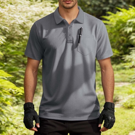 Polo T Shirts for Men Solid Color Lapel Loose Outdoor Pockets Short Sleeved Collar Golf Button Mens Dress Shirts Grey L