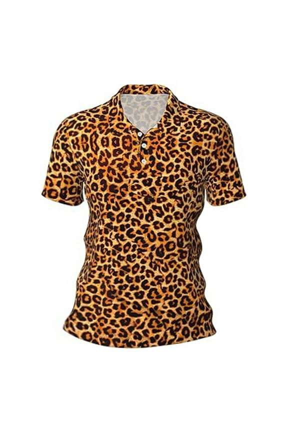Polo T Shirts for Men Summer Leopard Print Slim Fit Stretchy Tops Breathable Short Sleeve Button Up Collared Casual Shirts for Men Khaki S