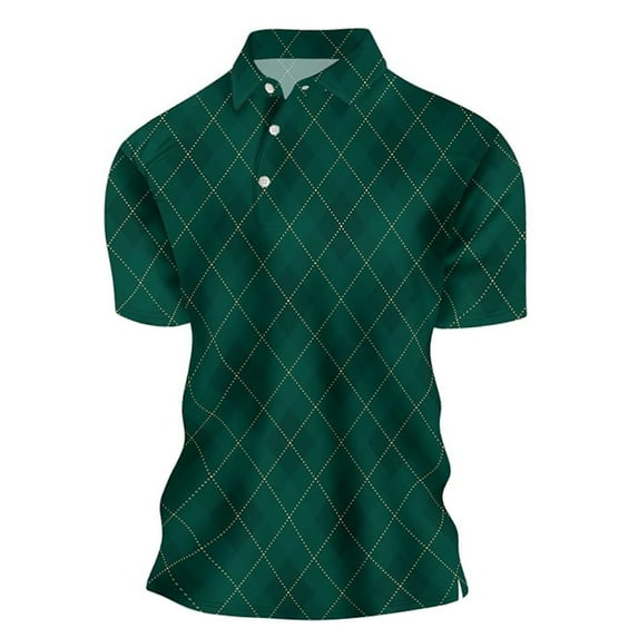 Polo T Shirts for Men Summer Plaid Slim Fit Stretchy Short Sleeve Tops Button Up Collared Casual Trendy T Shirts for Man Dark Green L