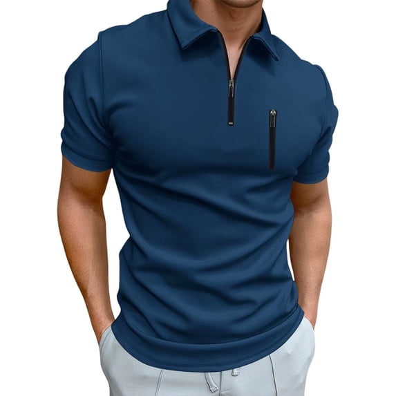 Mens Dress Shirts Summer Solid Color Athletic Casual Zipper Lapel Short Sleeve Slim Fit Tops