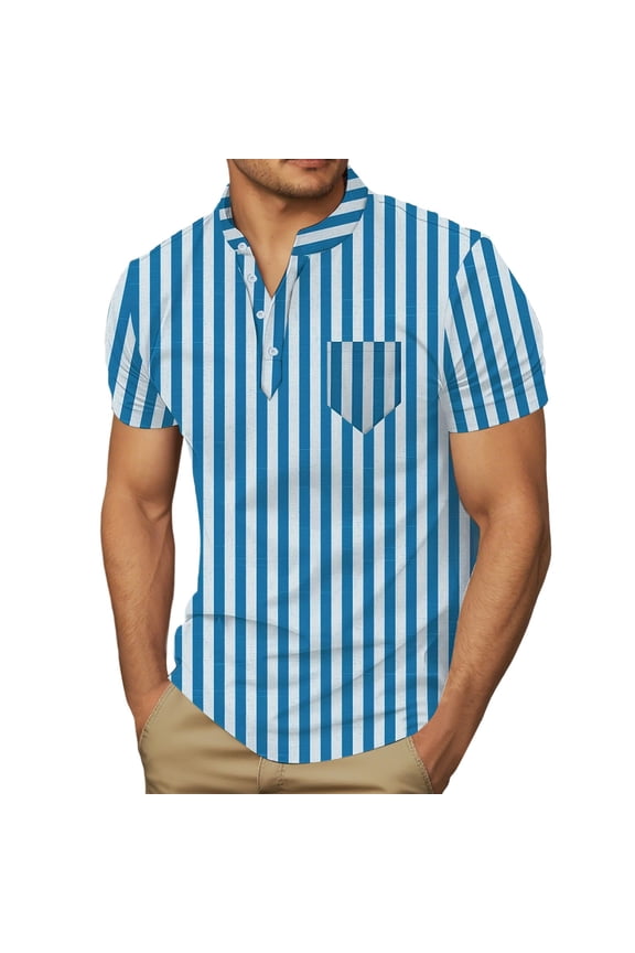 Polo T Shirts for Men Summer Thin Slim Fit Striped V Neck Beach Tops with Pocket Short Sleeve Stretchy Casual Lounge T Shirts for Man Sky Blue S