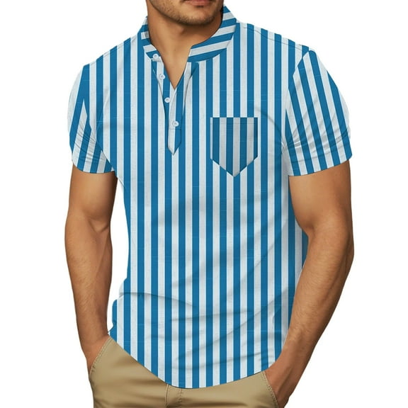 Polo T Shirts for Men Summer Thin Slim Fit Striped V Neck Beach Tops with Pocket Short Sleeve Stretchy Casual Lounge T Shirts for Man Sky Blue S