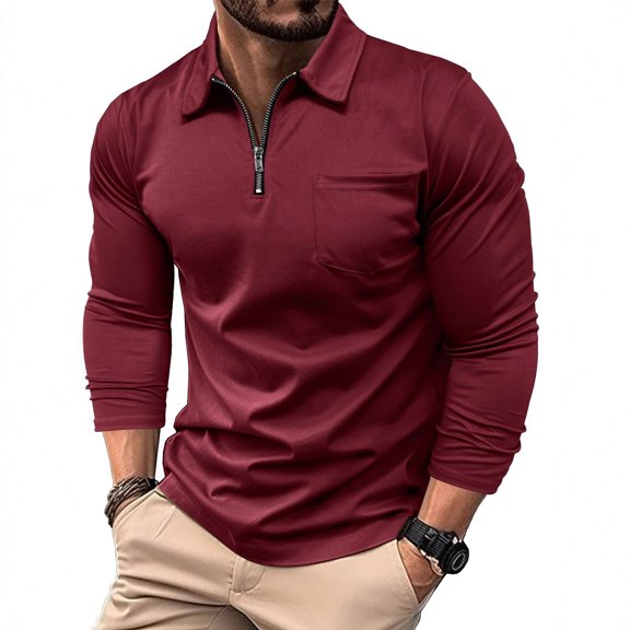 Polo Tees for Men Long Sleeve Quarter Zipper Tee Shirts Lightweight Red Mens Golf Shirt