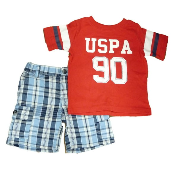 Polo USPA 90 Infant Toddler Boys 2 Piece Red T-Shirt Blue Plaid Shorts Set 12m