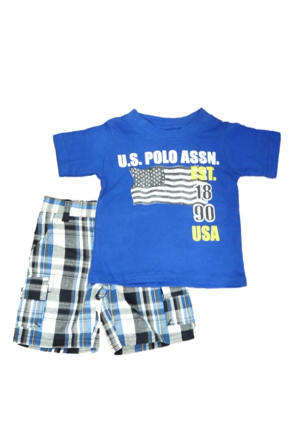Polo USPA Infant & Toddler Boys 2 Piece Blue T-Shirt & Blue Plaid Shorts Set 12m