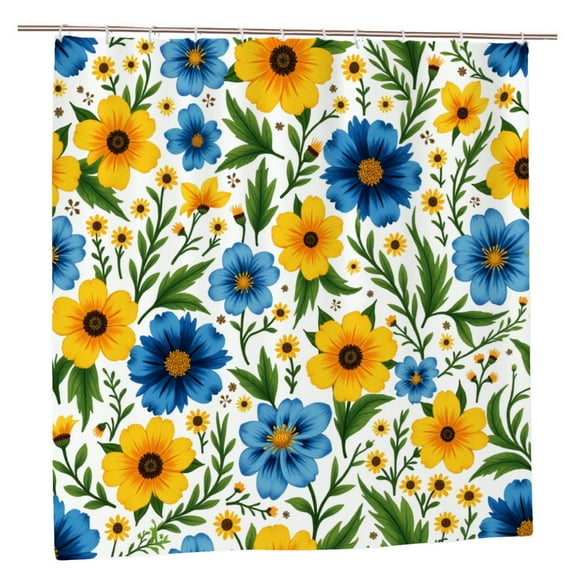 Polocon Blue Yellow Floral Pattern Polyester Shower Curtain for Spring Summer Home Bathroom Bath Tub Decor 72x72 inch