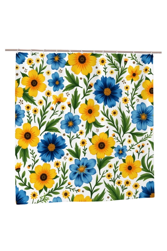 Polocon Blue Yellow Floral Pattern Polyester Shower Curtain for Spring Summer Home Bathroom Bath Tub Decor 72x72 inch