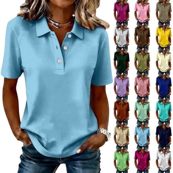 Polos Golf Shirts Womens Short Sleeve Collared Shirt Quick Dry Tennis Work Athletic Tops Light Blue M