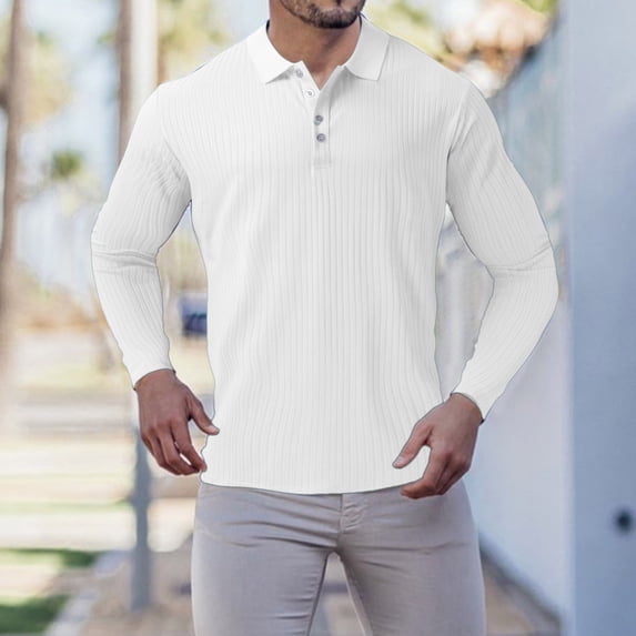Polos for Men Casual Solid Color Long Sleeve Striped Lapel T Shirt Button Down Winter Spring Daily Men Polo Shirts White XL