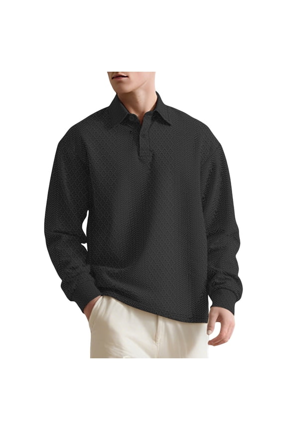 Polos for Men Long Sleeve Button Polo Tees Slim Fit Black Mens Casual Shirts