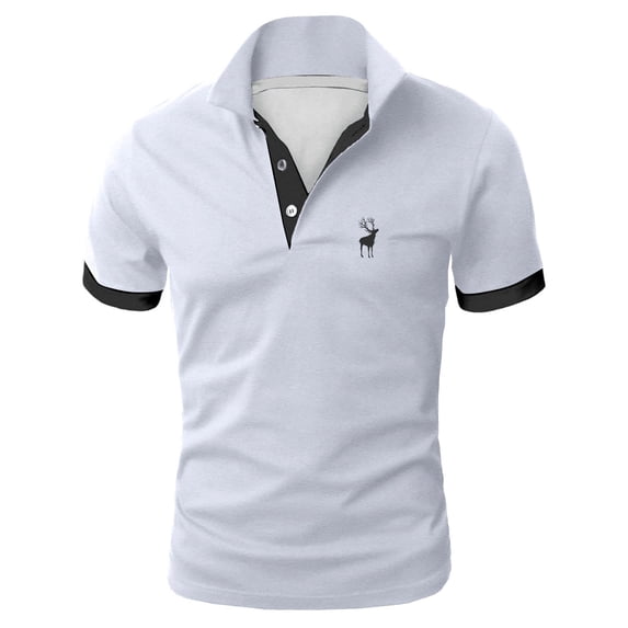 Polos for Men Short Sleeve Deer Print Lapel T Shirt Color Matching Loose Business Foreign Trade Casual Men Polo Shirts White XL