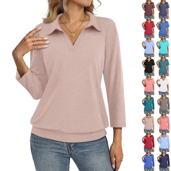 Polo Shirts for Women Collared V Neck Banded Bottom Long Sleeve Basic Knit Pullover Blouses Beige L