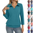 thumbnail image 1 of Polo Shirts for Women Collared V Neck Banded Bottom Long Sleeve Basic Knit Pullover Blouses Cyan XL, 1 of 7