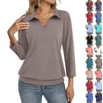 thumbnail image 1 of Polo Shirts for Women Collared V Neck Banded Bottom Long Sleeve Basic Knit Pullover Blouses Light Brown 2XL, 1 of 7